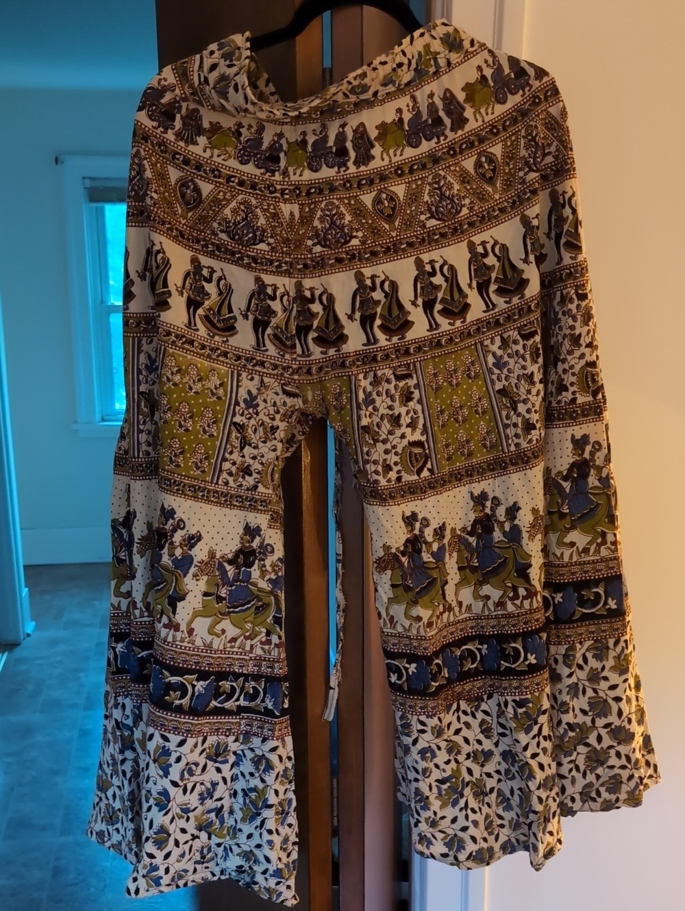 Boho Printed Wide-Leg Women’s Pants in Cream, Blue & Olive